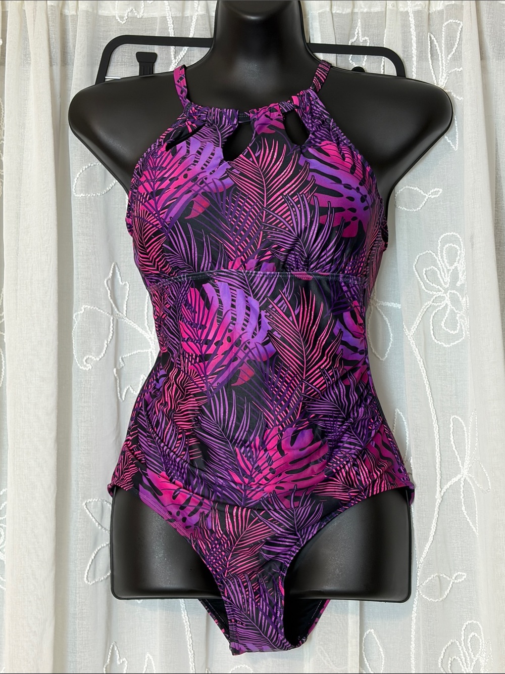 NWT YouniqueHigh-Neck One-Piece Swimsuit in Purple & Pink Tropical Print